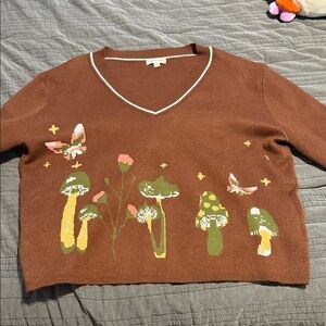 Charming Brown V-Neck Sweater with Mushroom and Butterfly Design
